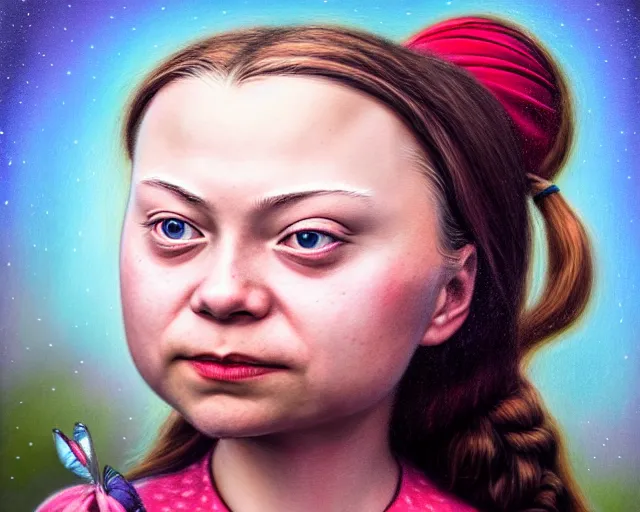 Image similar to closeup profile portrait of a greta thunberg as alice in wonderland, nicoletta ceccoli, mark ryden, lostfish, max fleischer, hyper realistic, artstation, illustration, digital paint, matte paint, vivid colors, bright, cheerful, detailed and intricate environment