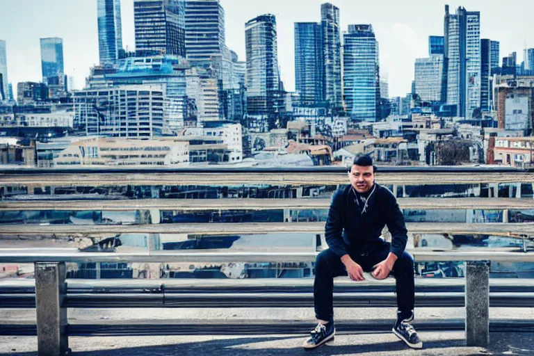 Image similar to A man sitting on a footbridge, city in the background