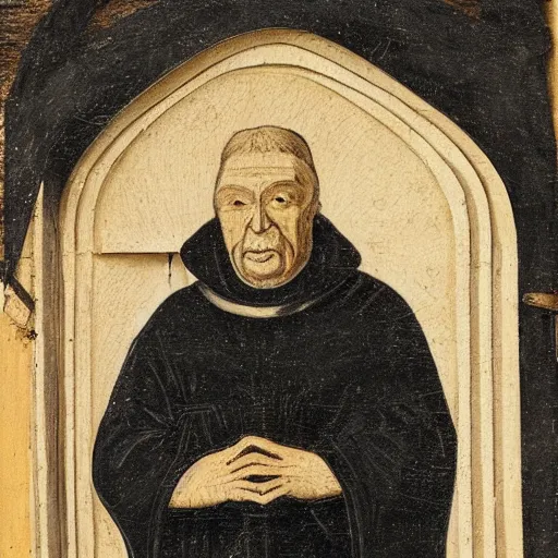Image similar to a medieval priest in a black fur cloak with a wooden mask
