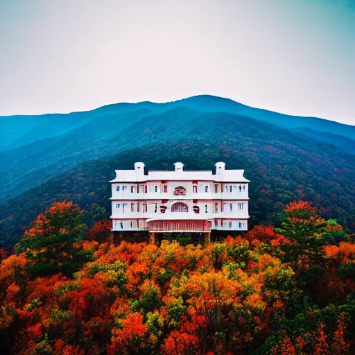 Image similar to Symmetric Wes Anderson film still in the Great Smoky Mountains without people. Establishing shot. Architecture. 8k resolution. Pastel. Sharp. Whimsical. Symmetry. Stunning.