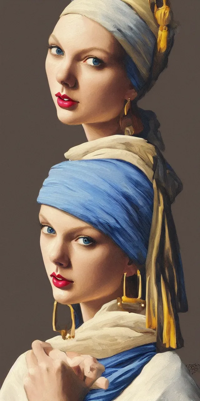 Image similar to Taylor Swift as the girl with the pearl earring, highly detailed, digital painting, artstation, concept art, smooth, sharp focus, illustration, ArtStation, art by artgerm and greg rutkowski and alphonse mucha and J. C. Leyendecker and Edmund Blair Leighton and Katsuhiro Otomo and Geof Darrow and Phil hale and Ashley wood and Ilya repin and Charlie Bowater