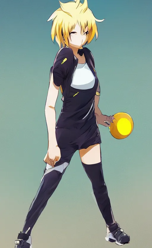 Prompt: character design, manga style, realistic lighting, futuristic solid colors, made by nakaaki masashi, safebooru, from arknights, female beach volley player, elegant, futuristic yellow lens, sport clothing, simple background