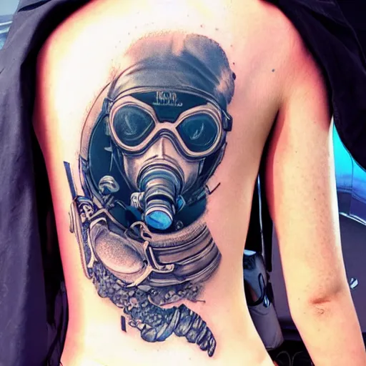 Image similar to cyberpunk underwater diver, black tattoo design, on white skin, by artgerm