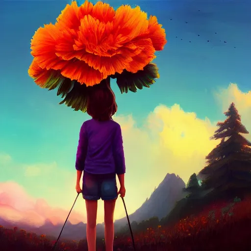 Image similar to giant carnation flower as a head, girl hiking in the mountains, surreal photography, sunrise, dramatic light, impressionist painting, colorful clouds, digital painting, artstation, simon stalenhag