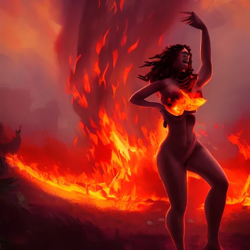 Prompt: Hot fire giantess, flaming skin, rampaging, stormy background, forest fire, breathing fire, fire in hand, concept art, artstation, 4k