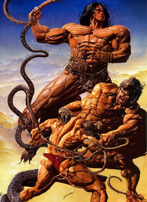 Prompt: a highly detailed symmetrical painting of conan fighting a mythical snake creature, dynamic lighting, ambient lighting, art by frank frazetta and glenn fabry and argerm, hires, 4 k