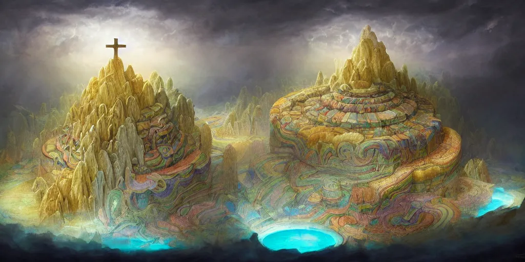 Prompt: a fantasy temple sits on top of a cross section of surreal geological biome chart with concentric layers of colourful strata forming a surreal tiered geological formation whith an , colourful strata, underground tunnel network, swirling clouds, pools of water, on dark paper, by peter mohrbacher, tarmo juhola, ivan laliashvili, james gurney, moebius, roger dean + wide angle view + v-ray + unreal engine + real life natural photo + daz studio iray + 8k textures ultra hd shaders + HDR lighting, ray traced, vue render, artstation