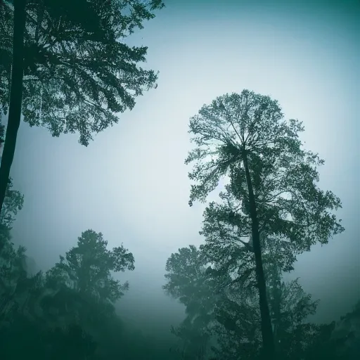 Prompt: professional photo of a tree top town similar to level of donkey kong country, by discovery magazine, real life, photorealistic, blue foggy dusk, soft focus, long exposure