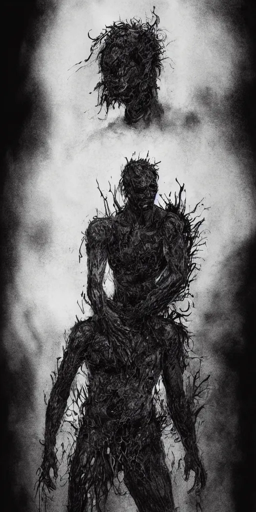 Image similar to concept art of a man with his body covered in burns, with black smoke coming out of his hands, full body, dark colors, sinister atmosphere, dramatic lighting, cinematic, establishing shot, extremely high detail, photo realistic, cinematic lighting, pen and ink, intricate line drawings, by Yoshitaka Amano, Ruan Jia, Kentaro Miura, Artgerm, post processed, concept art, artstation, matte painting, style by eddie mendoza, raphael lacoste, alex ross,