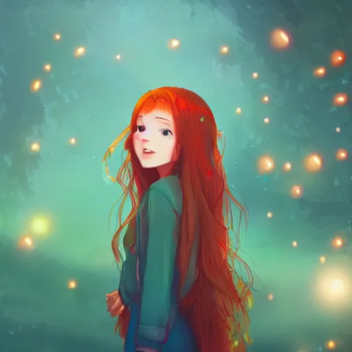 Image similar to digital illustration of a red haired girl with green eyes, wonderful dreamy scene with fireflies, intricate, hyper fine details, deviantart, artstation, studio ghibli