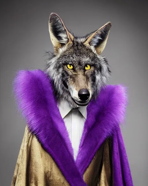 Image similar to Tall emaciated man wolf hybrid, covered in matted fur, he has yellow wolf eyes, a long bent rat like tail, long coyote like ears, and is Wearing a purple velvet cape with a silver Top Hat, Atmospheric Full Moon, highly realistic, Rick Baker style, photoreal, photograph in the style of Annie Leibovitz