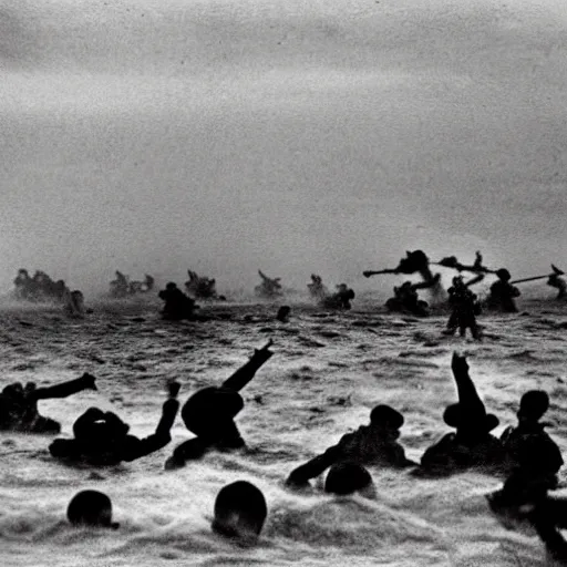 Image similar to the running soldiers in the sea in the d - day, by robert capa,