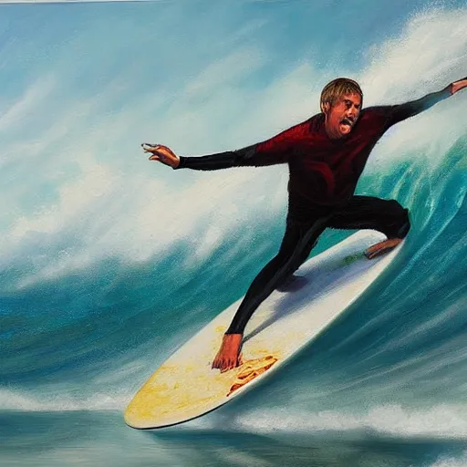 Prompt: tony hawk surfing on a tsunami wave, high quality art, trending on artstation, oil painting