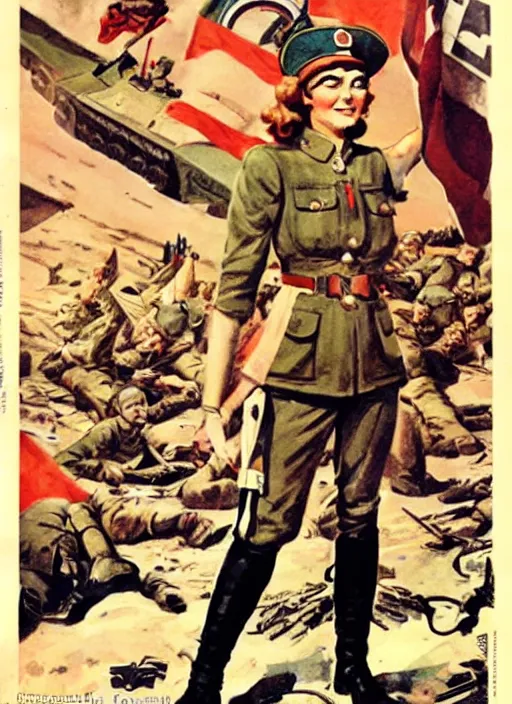 Image similar to beautiful female captain russia standing on a pile of defeated german soldiers. feminist captain russia wins wwii. soviet propaganda poster by james gurney