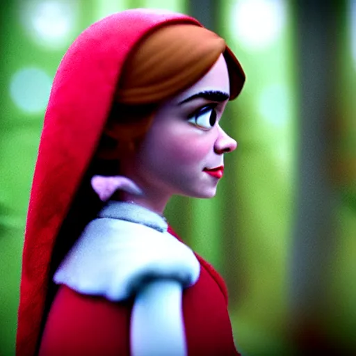 Prompt: a cinematic film still of a claymation stop motion film starring emma watson as little red riding hood, looking at big wild wolf, shallow depth of field, 8 0 mm, f 1. 8