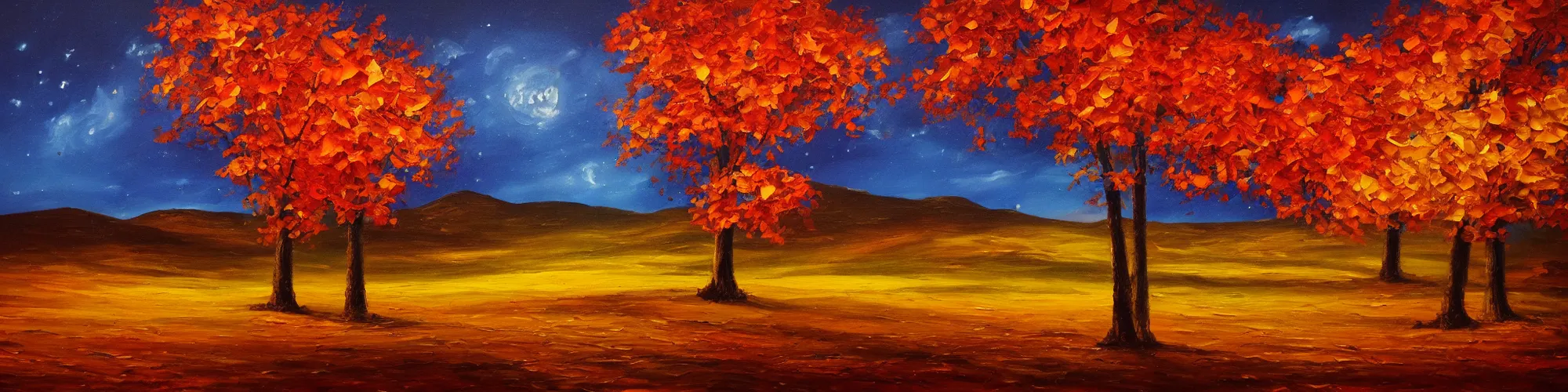 Image similar to painting of autumn landscape during night, non symmetrical, award winning painting, beautiful, breathtaking, stunning scenery, trending on artstation, masterpiece