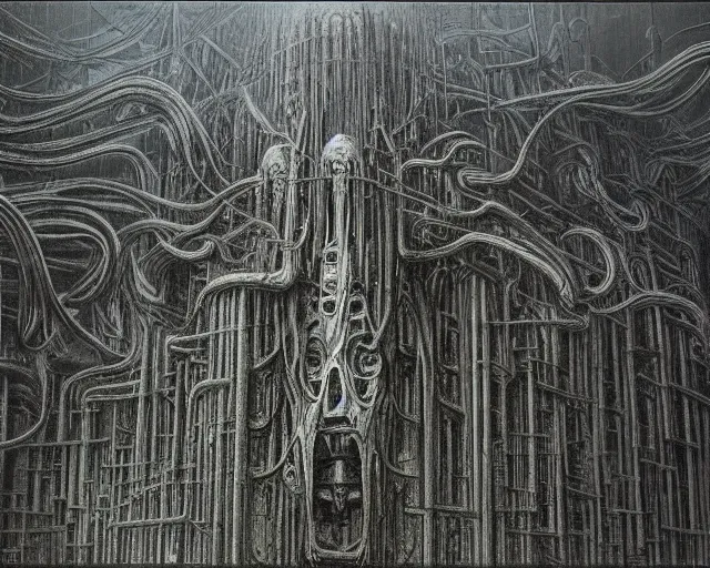 Image similar to evil factory of dreams, a highly detailed intricate painting by H.R. Giger and Zdzisław Beksiński
