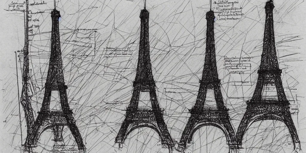 Image similar to architectural design studies of Eiffel Tower, different closeup view, drawn by Leonardo da vinci, ink and pen draw, artistic, intricated