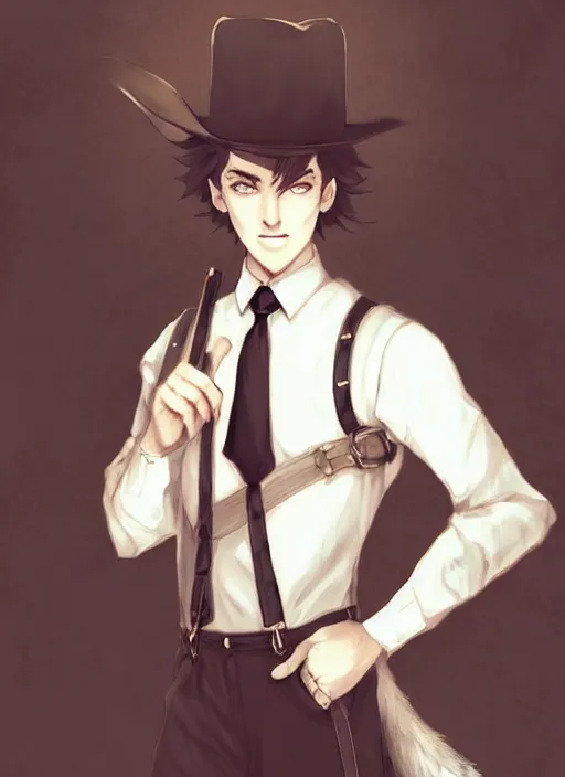 Image similar to beautiful portrait commission of a male furry anthro wolf wearing a white dress shirt with suspenders in an old-timey Saloon. Atmospheric. Character design by charlie bowater, ross tran, artgerm, and makoto shinkai, detailed, inked, western comic book art