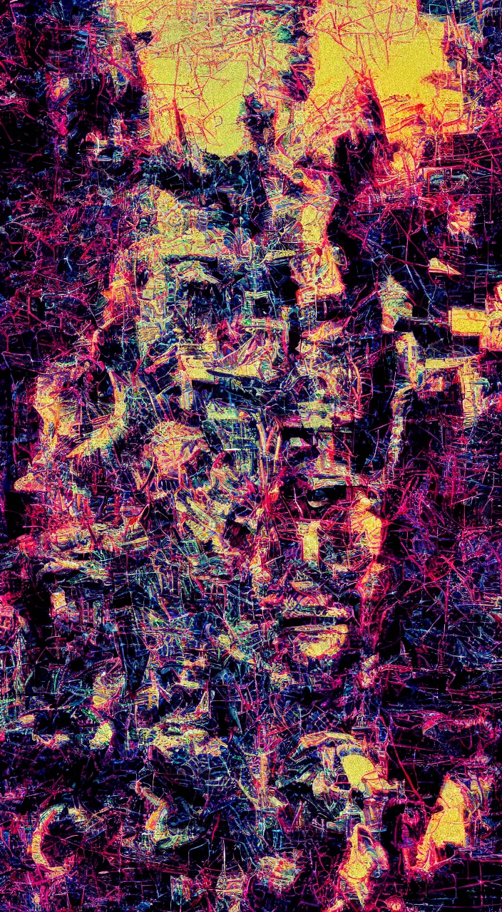 Image similar to pixel sorting in the style of ralph steadman, gearlord digital celluar automata, vivid dusk sunlight, color film grain, ultra realistic