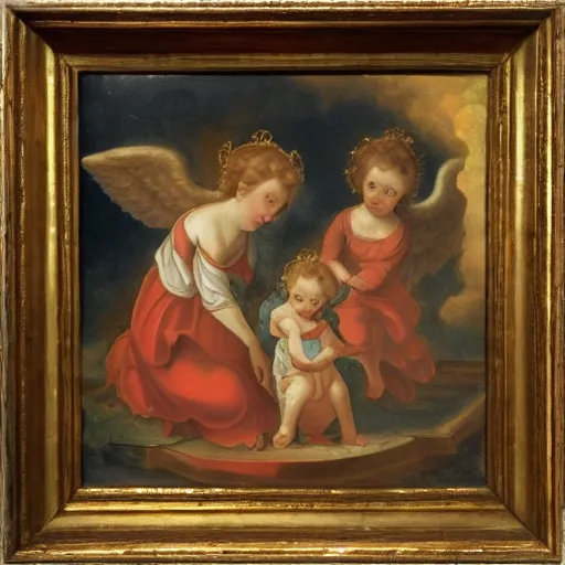 Image similar to 1 8 th century painting of 3 mary's, and 2 angels in the background