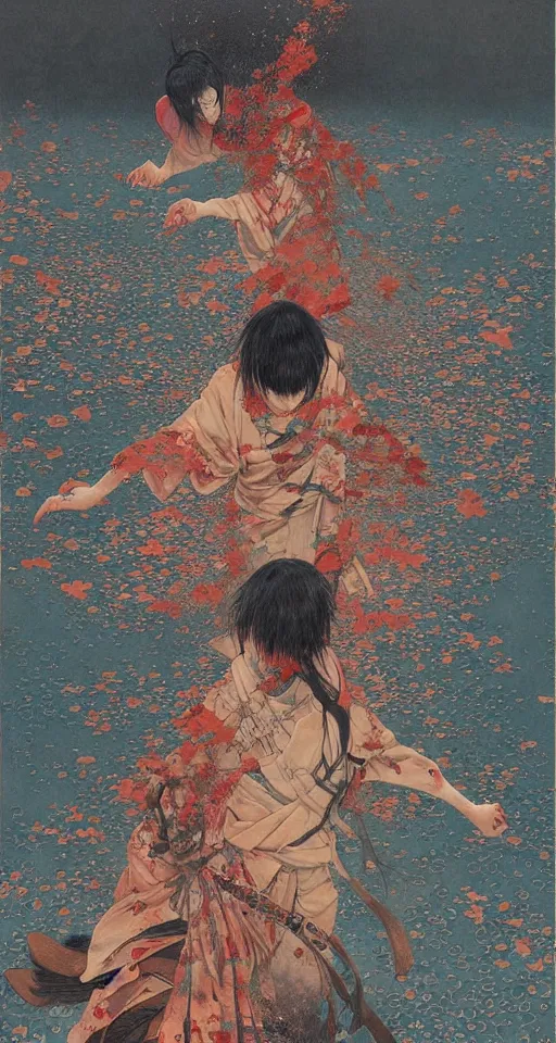 Image similar to Japanese schoolgirl runs away from Samurai with a katana on the subway, high detailed Beksinski painting, part by Adrian Ghenie and Gerhard Richter. art by Takato Yamamoto. masterpiece, deep colours, blue