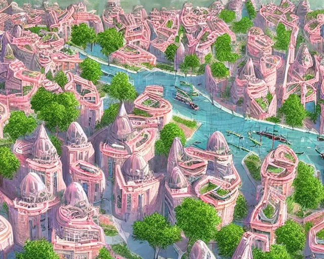 Prompt: turkey! - hungary! khaganate in 2 0 3 3 year, with futuristic! buildings, the buildings are light - grey!, with pink! trees around buildings, with green! trees around buildings, highly detailed digital art
