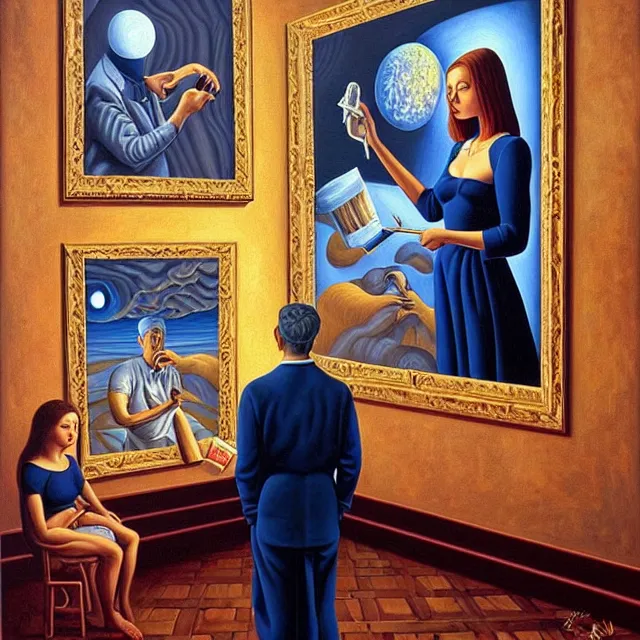 Image similar to an oil on canvas portrait of a man painting a portrait of a beautiful woman surrounded by portrait paintings, surrealism, surrealist, cosmic horror, rob gonsalves, high detail