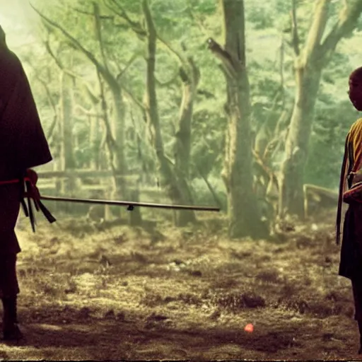 Prompt: cinematic film still Pharrell Williams starring as a Samurai with fire, Japanese CGI, VFX, 2003, 40mm lens, shallow depth of field,film photography