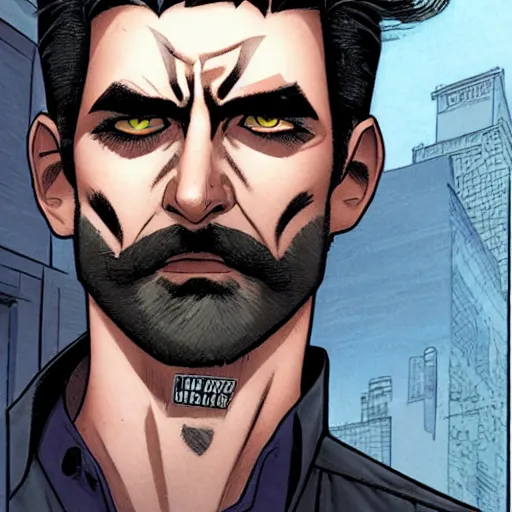 Image similar to portrait of a greying pale vampire police officer with short hair and a patchy beard, close up, grimy streets backdrop, highly detailed, sharp focus, perfect eyes, art by russell dauterman and patrick gleason