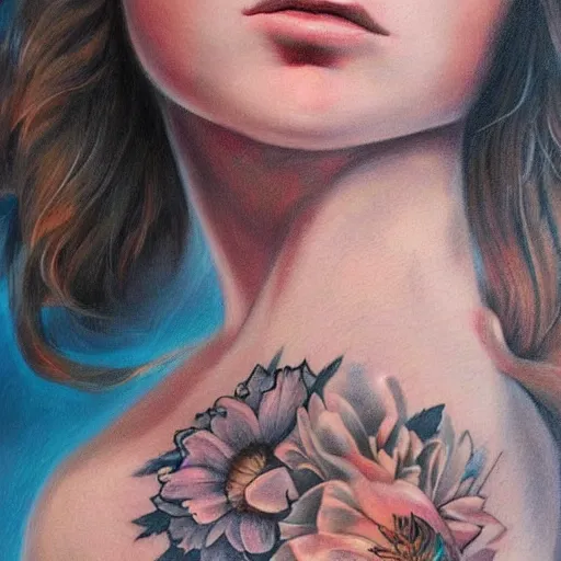 Image similar to tattoo design, beautiful portrait of a girl looking up and to the right by artgerm, artgerm