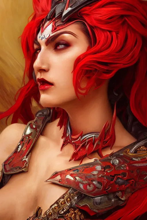 Prompt: painted close up portrait of queen of pain dota 2, red skin, beautiful, dangerous, stoic, red leather armor, fantasy, intricate, elegant, highly detailed, digital painting, artstation, concept art, smooth, sharp focus, illustration, art by gaston bussiere and alphonse mucha