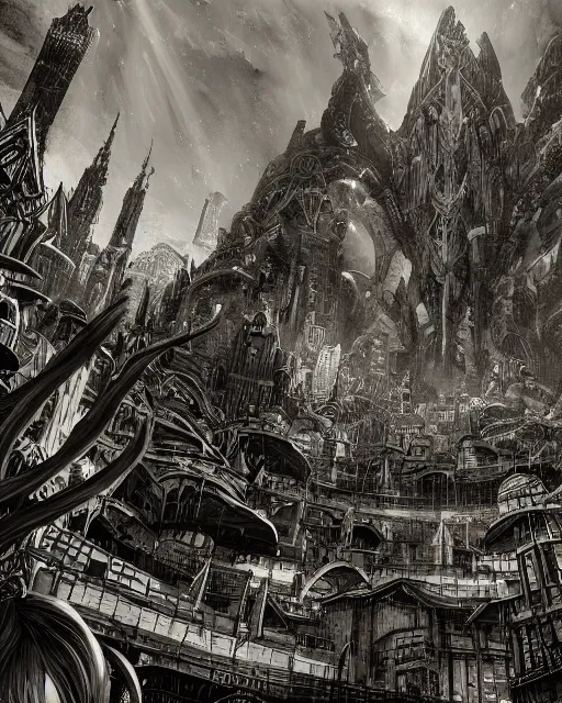 Image similar to the empty city, terrifying, evil, black and white, environment art, fantasy art, landscape art, in the style of masami kurumada, illustration, epic, fantasy, intricate, hyper detailed, artstation, concept art, smooth, sharp focus, ray tracing