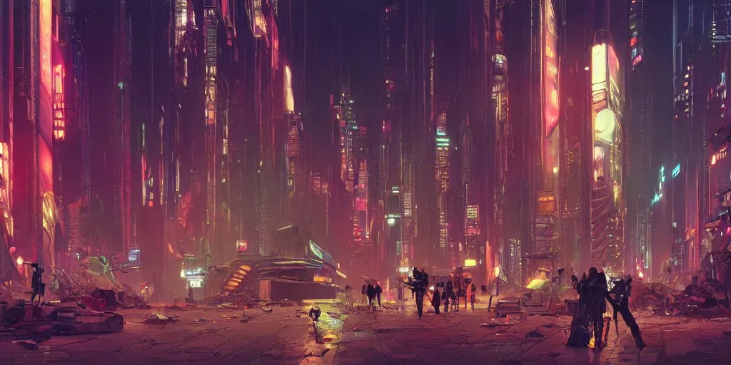 Prompt: futuristic cyberpunk city, trash in street, dark tall people, night, colored neons, video screens, street lights, cinematic, illustration by moebius and enki bilal