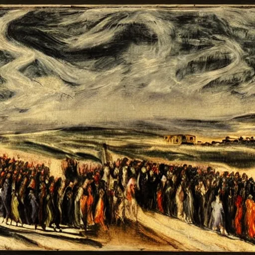 Image similar to A A Holy Week procession of souls in a Spanish landscape at night by El Greco.