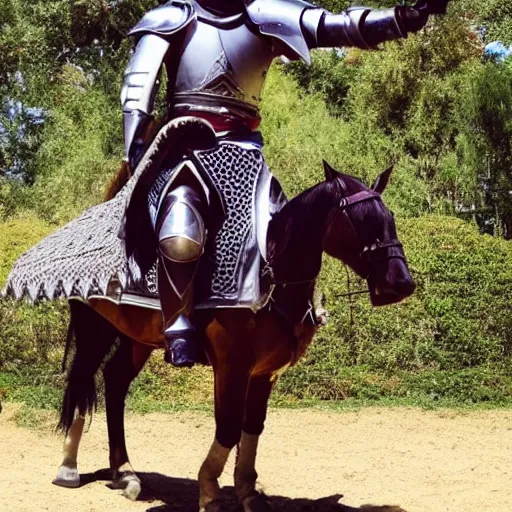 Image similar to a photo of Matthew Mercer wearing templar knight armor riding a horse into battle