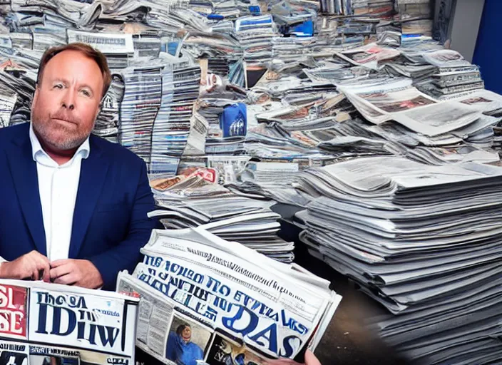 Image similar to dslr photo still of infowars host alex jones in a blue suit fat grey beard and mustache in a!!! room filled to the ceiling with newspapers newspapers to the ceiling newspapers everywhere stacks of newspapers!!!!!! looking at an iphone in shock!!!, 5 2 mm f 1. 8