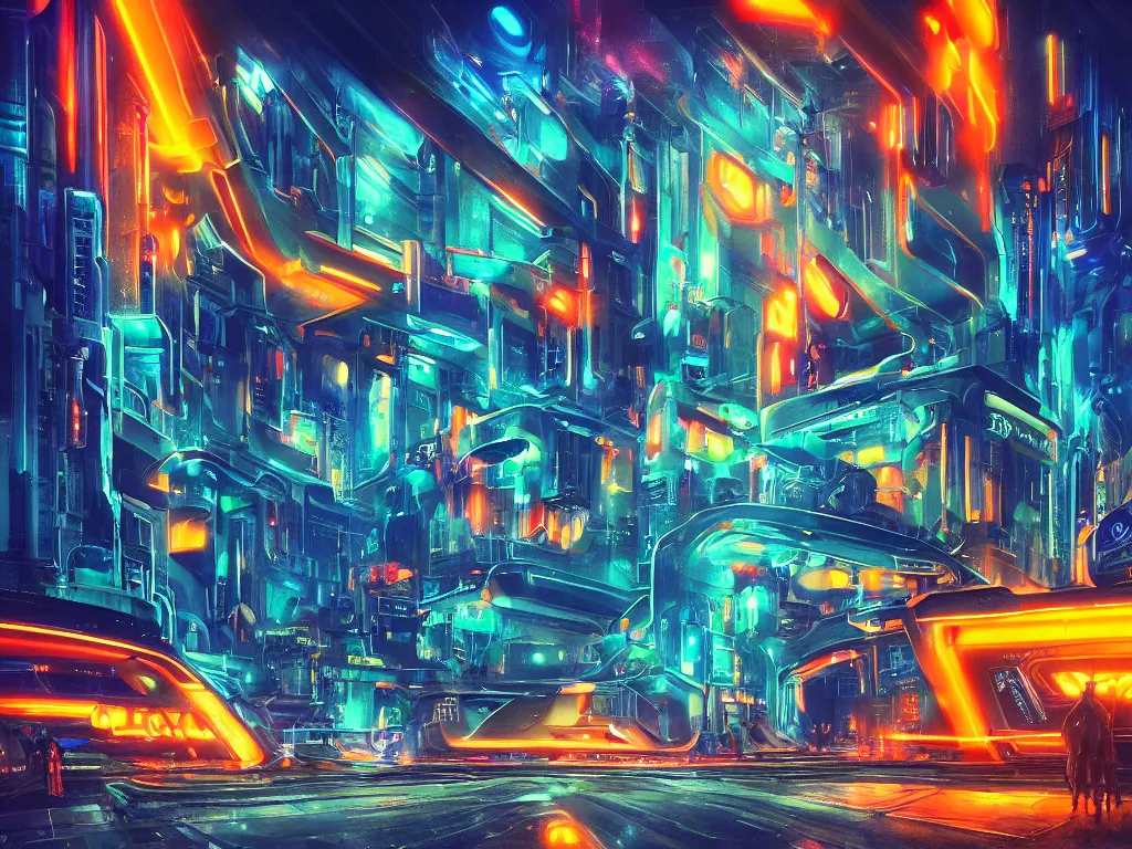 futuristic sci-fi city at night with bright neon