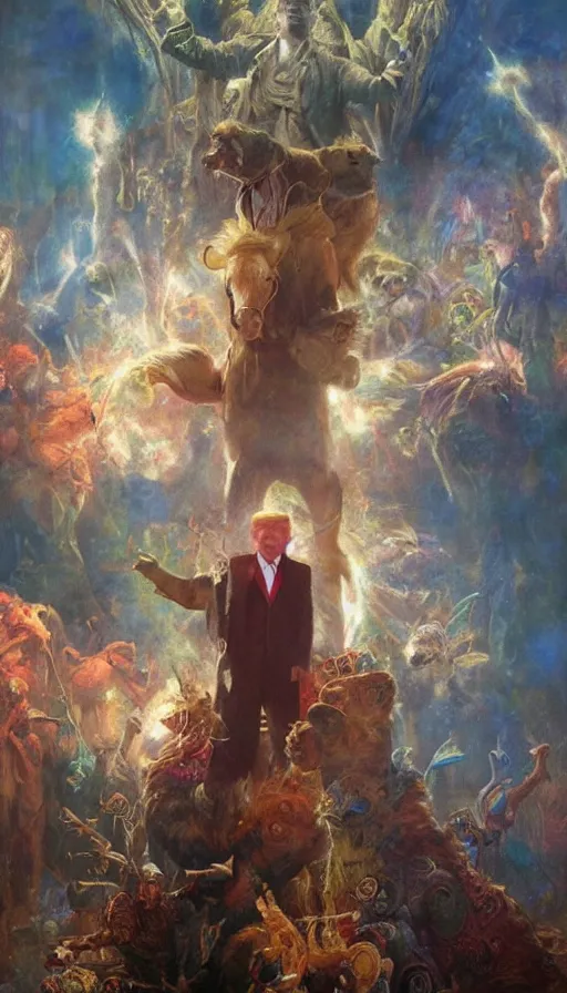 Image similar to donald trump in the island of dr moreau, air brush, oil paint, radiant light, caustics, heroic, bright iridescent light, by gaston bussiere, bayard wu, greg rutkowski, maxim verehin