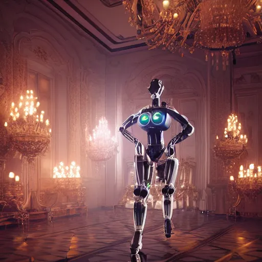 Image similar to octane render, a complex high poly cinematic 3 d model of a giant robotic android woman made out of porcelain with golden grout, jewel tone glowing eyes, fiber optic hair, inside a black rococo palace, 8 k, unreal enging, cinema 4 d, cinematic angle