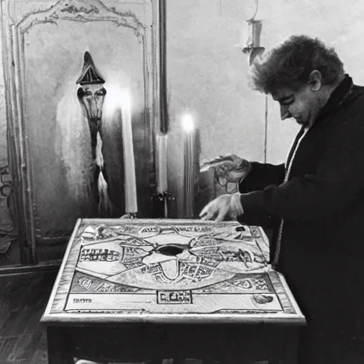 Prompt: Romani Prodi summoning spirits with an Ouija board