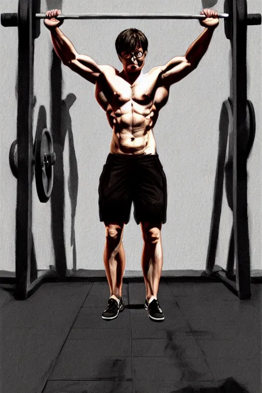 Image similar to highly detailed rendering of Daniel Radcliffe as Harry Potter doing barbell back squats, dingy workout gym, wearing a muscle tee shirt, muscular deep squats, symmetrical, highly detailed, digital painting, artstation, concept art, smooth, sharp focus, illustration, cinematic lighting, art by artgerm and greg rutkowski and alphonse mucha