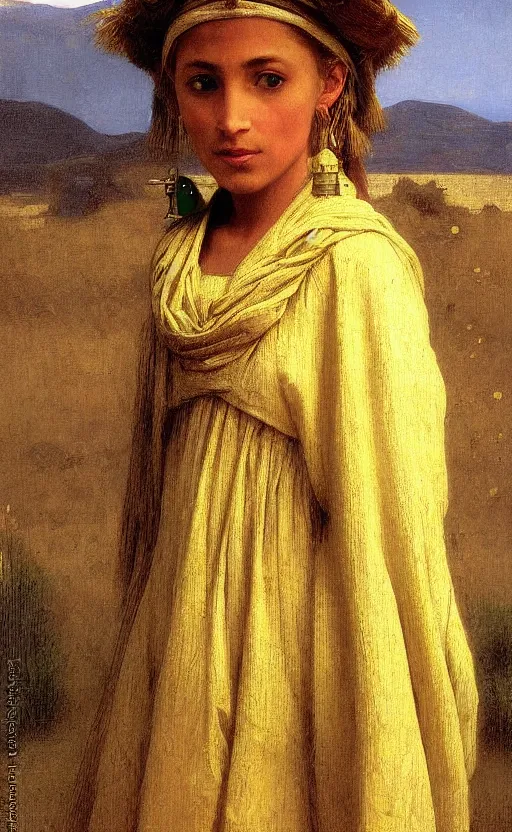 Prompt: portrait of berber girl with the head of a Dalek. Green and gold garment, hd, realistic, bouguereau