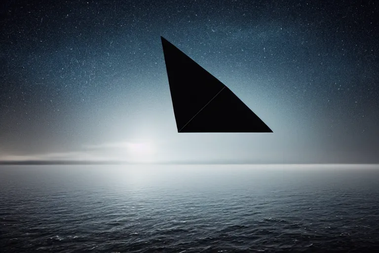 Image similar to a black triangular spaceship hovering over the ocean, near the beach, night time, volumetric fog, starry night, ominous