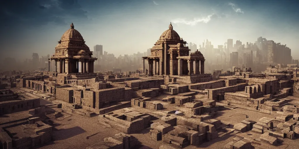Image similar to ancient urban city view, building, desert, temple, cinematic composition, mist, obscure render light dark