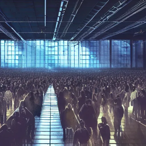 Prompt: large group people in a huge warehouse, looking at a tabletop skyline hologram | cinematic concept art | godrays | 4 k | clear details | tabletop | tabletop | hologram foreground