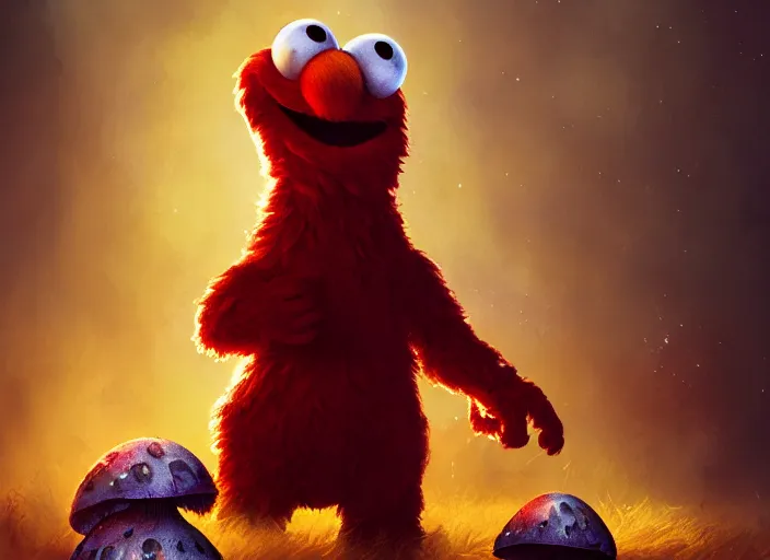 Image similar to elmo eating magic mushroom, golden hour, fantasy, sharp focus, digital art, hyper realistic, 4 k, unreal engine, highly detailed, hd, dramatic lighting by brom, trending on artstation