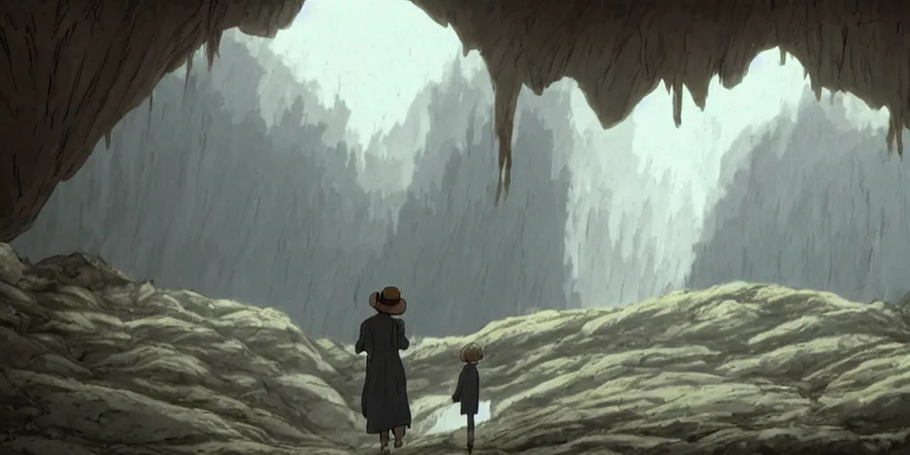 Prompt: realistic interior shot from howl's moving castle ( 2 0 0 4 ) of a scientist crawling through a desert cave. overcast, cartoon, depth of field.