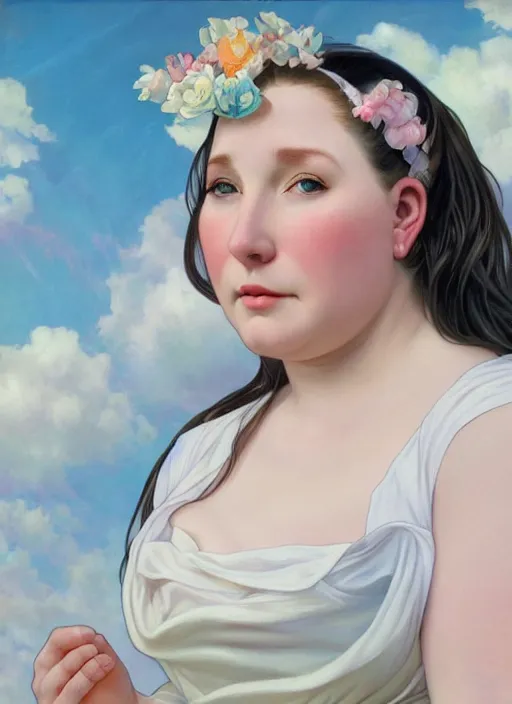 Image similar to a chubby white woman with pointed ears, wearing a white sundress, rainbow pastel clouds for hair, realistic painting by ross tran and gerald brom and alphonse mucha, artgerm, trending on artstation