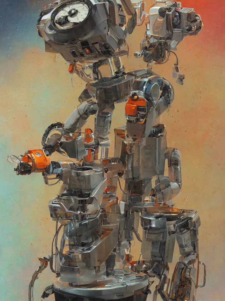 Image similar to half-length portrait of my friendly empatic robot offering a cup of fresh steaming coffee, by Simon Stalenhaag, by Yoshita Amano, by Esao Andrews, sharp focus, fresh colors, diviantart